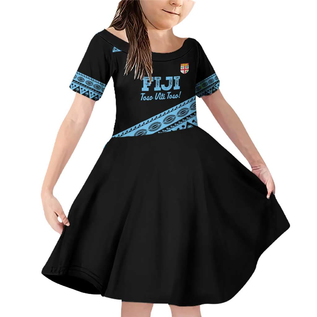 Fiji Rugby 2025 Custom Family Matching Off Shoulder Short Dress and Hawaiian Shirt Fijian Tapa Toso Viti Toso - Black LT14 Daughter's Dress Black - Polynesian Pride