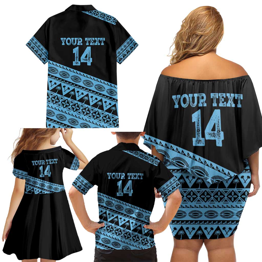 Fiji Rugby 2025 Custom Family Matching Off Shoulder Short Dress and Hawaiian Shirt Fijian Tapa Toso Viti Toso - Black LT14 - Polynesian Pride