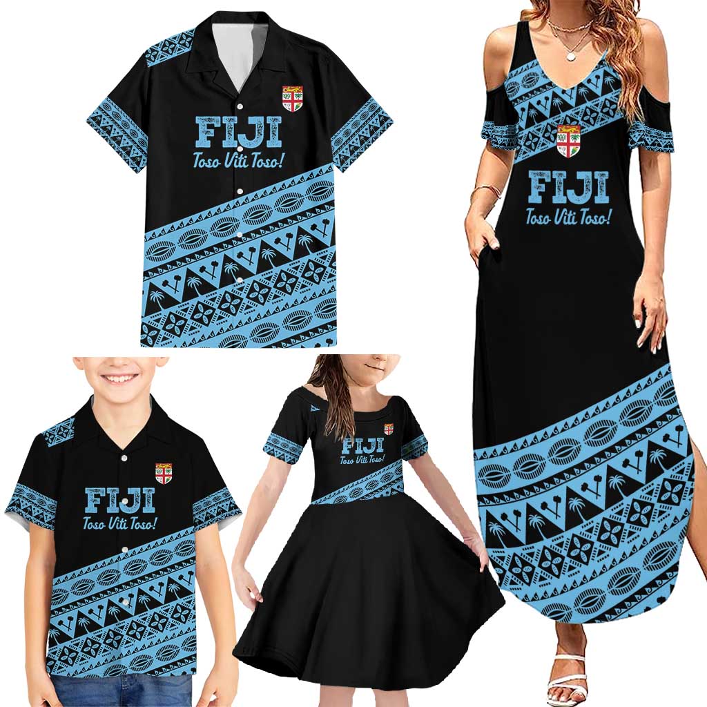 Fiji Rugby 2025 Custom Family Matching Summer Maxi Dress and Hawaiian Shirt Fijian Tapa Toso Viti Toso - Black LT14 - Polynesian Pride
