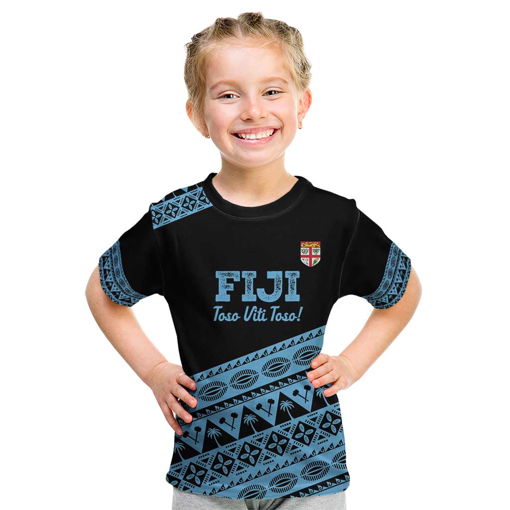 Fiji Rugby 2025 Custom Kid T Shirt Fijian Tapa Toso Viti Toso - Black LT14 Black - Polynesian Pride