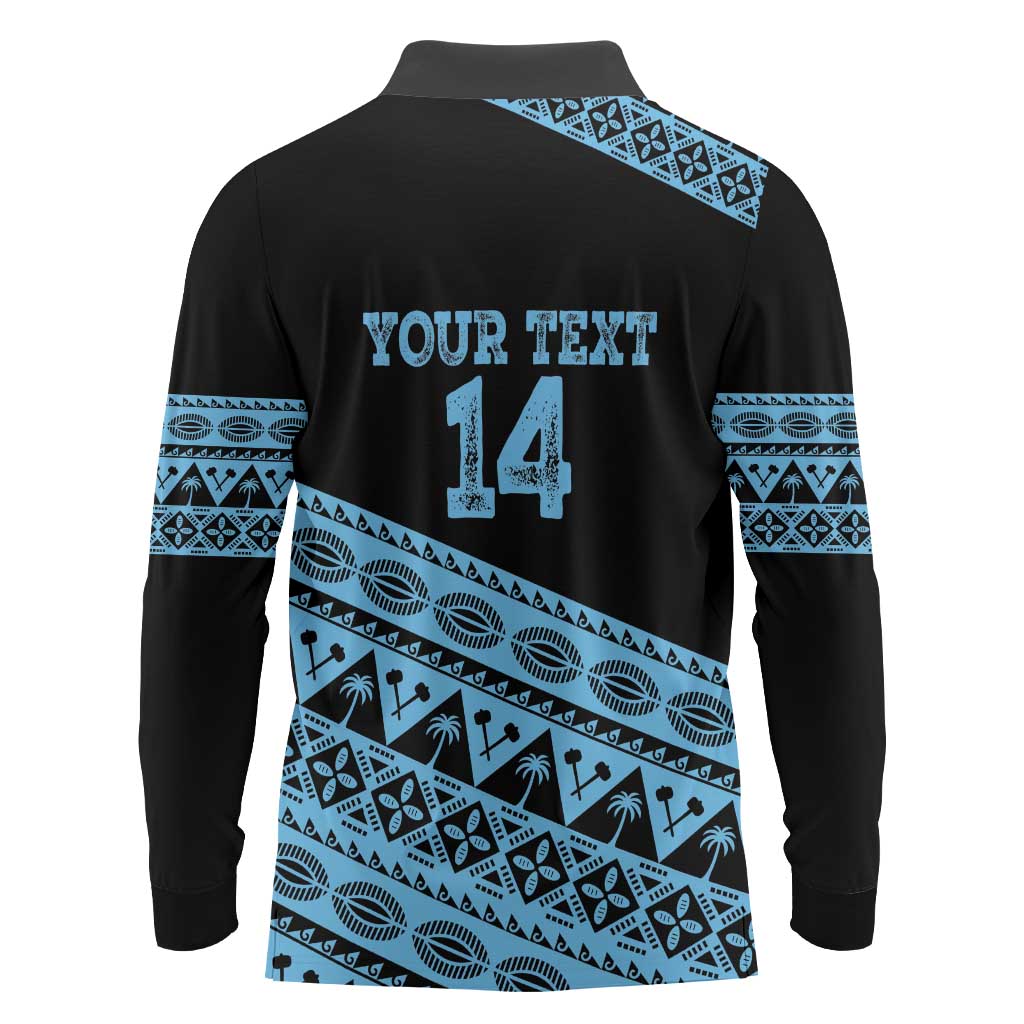 Fiji Rugby 2025 Custom Long Sleeve Polo Shirt Fijian Tapa Toso Viti Toso - Black LT14 - Polynesian Pride