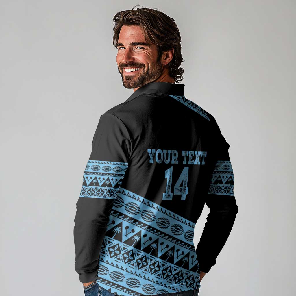Fiji Rugby 2025 Custom Long Sleeve Polo Shirt Fijian Tapa Toso Viti Toso - Black LT14 - Polynesian Pride