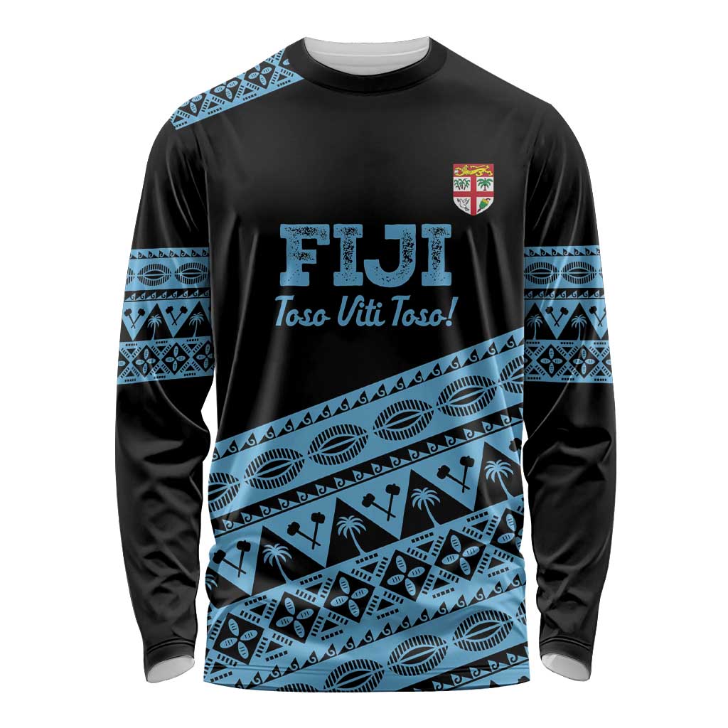 Fiji Rugby 2025 Custom Long Sleeve Shirt Fijian Tapa Toso Viti Toso - Black