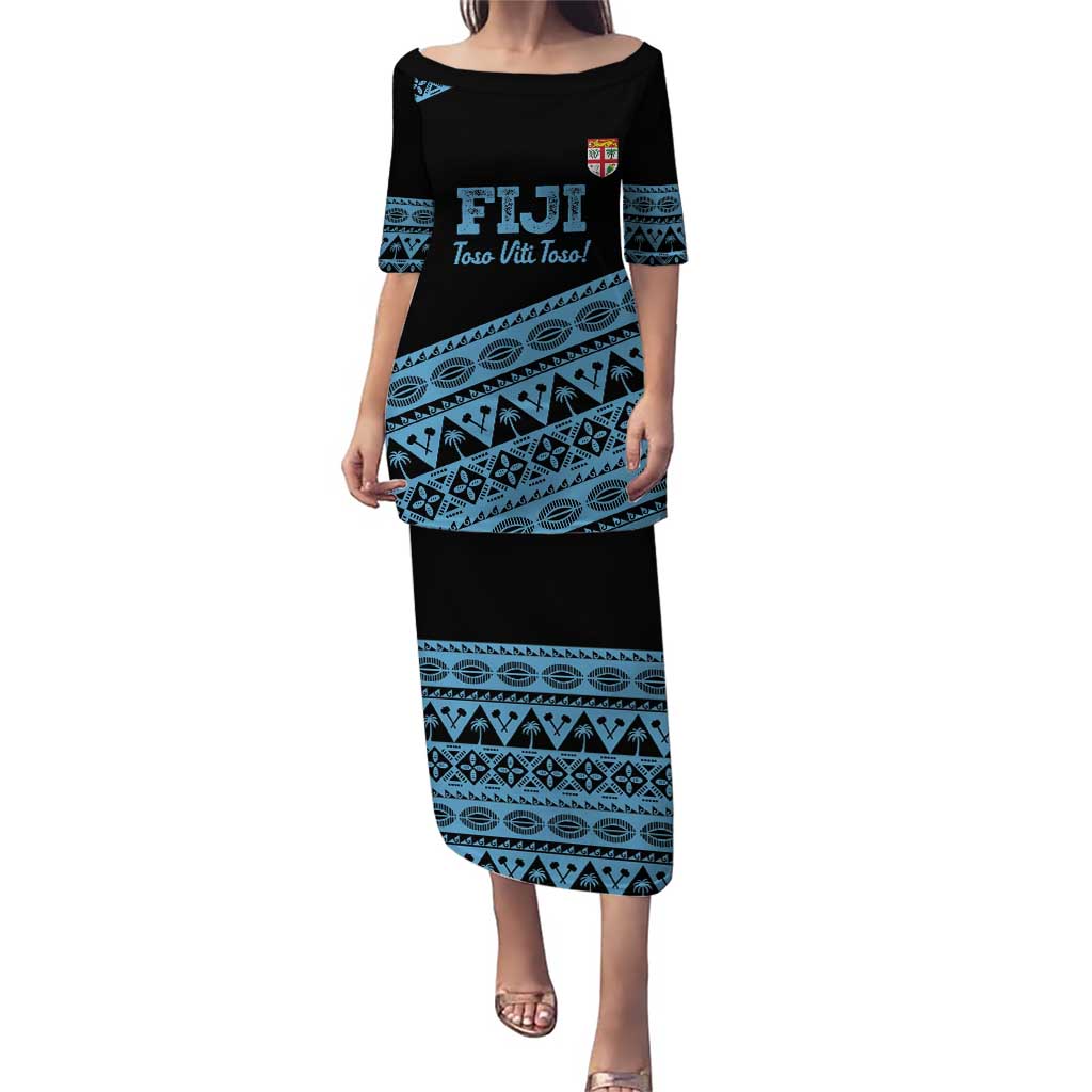 Fiji Rugby 2025 Custom Puletasi Fijian Tapa Toso Viti Toso - Black LT14 Long Dress Black - Polynesian Pride