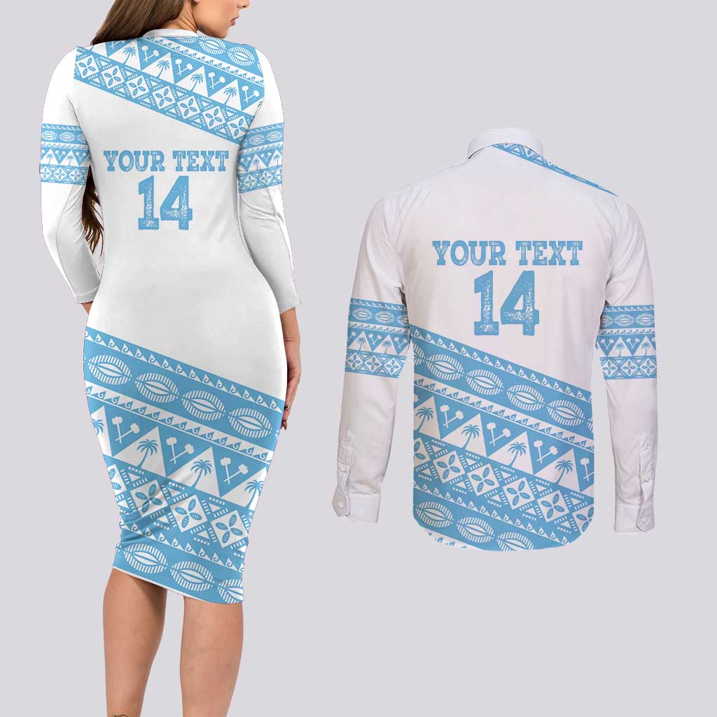 Fiji Rugby 2025 Custom Couples Matching Long Sleeve Bodycon Dress and Long Sleeve Button Shirt Fijian Tapa Toso Viti Toso - White
