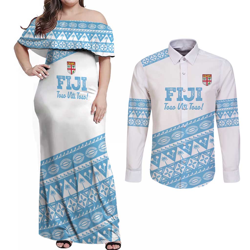 Fiji Rugby 2025 Custom Couples Matching Off Shoulder Maxi Dress and Long Sleeve Button Shirt Fijian Tapa Toso Viti Toso - White LT14 White - Polynesian Pride