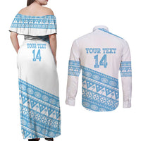 Fiji Rugby 2025 Custom Couples Matching Off Shoulder Maxi Dress and Long Sleeve Button Shirt Fijian Tapa Toso Viti Toso - White LT14 - Polynesian Pride