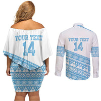 Fiji Rugby 2025 Custom Couples Matching Off Shoulder Short Dress and Long Sleeve Button Shirt Fijian Tapa Toso Viti Toso - White LT14 - Polynesian Pride