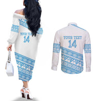 Fiji Rugby 2025 Custom Couples Matching Off The Shoulder Long Sleeve Dress and Long Sleeve Button Shirt Fijian Tapa Toso Viti Toso - White