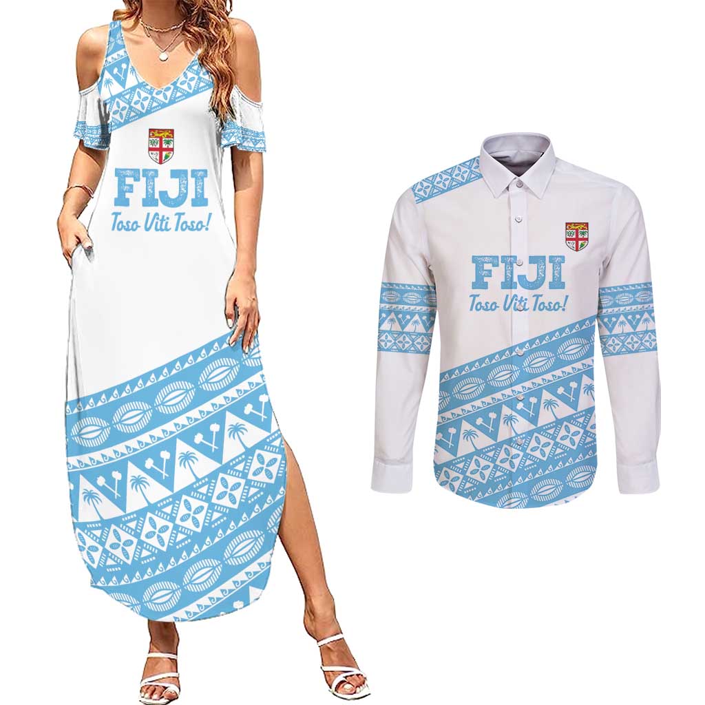Fiji Rugby 2025 Custom Couples Matching Summer Maxi Dress and Long Sleeve Button Shirt Fijian Tapa Toso Viti Toso - White