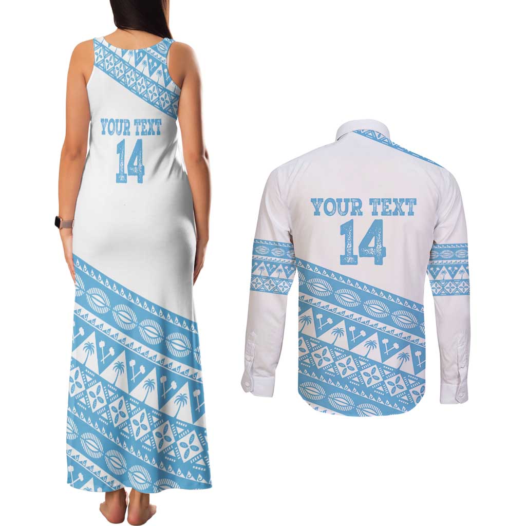 Fiji Rugby 2025 Custom Couples Matching Tank Maxi Dress and Long Sleeve Button Shirt Fijian Tapa Toso Viti Toso - White