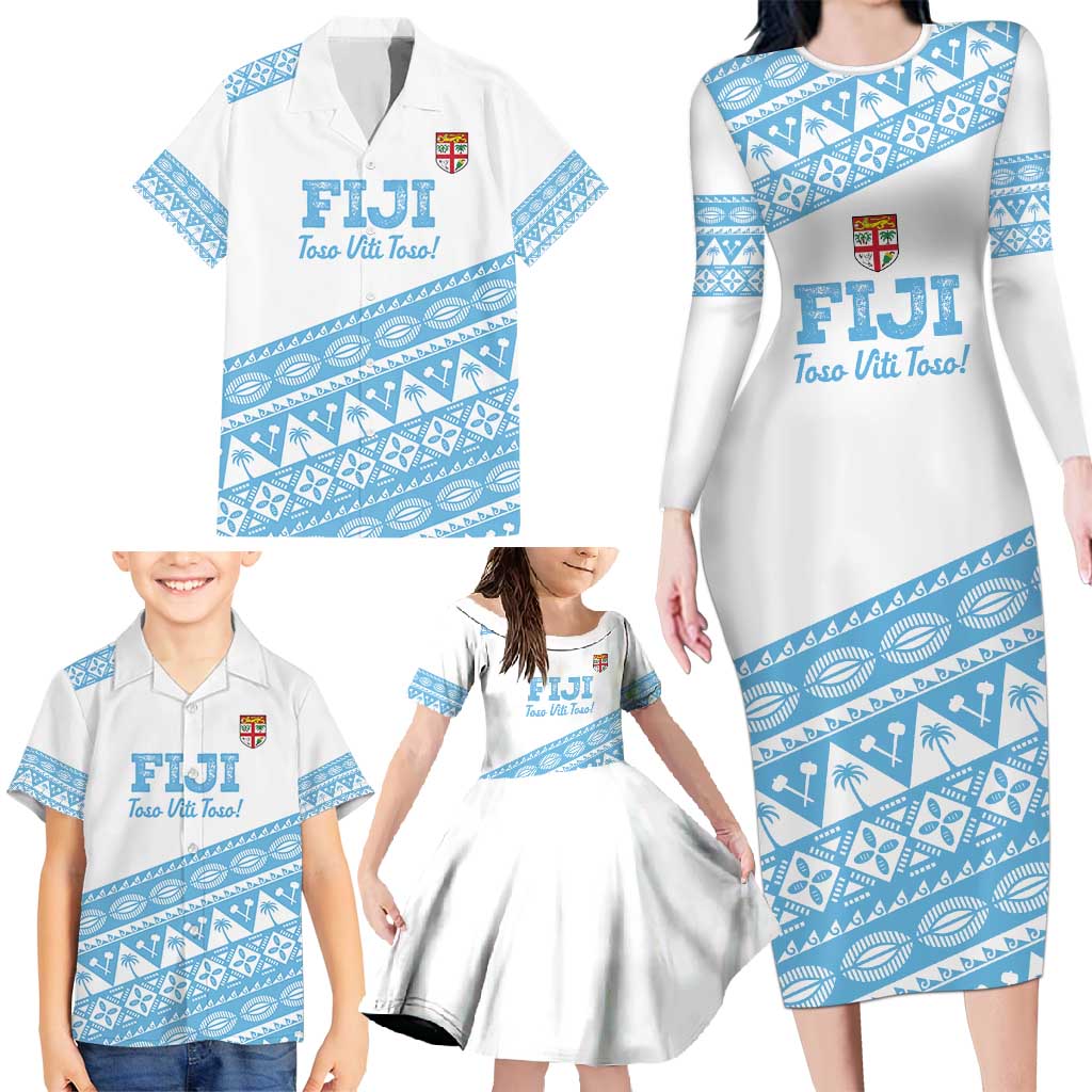 Fiji Rugby 2025 Custom Family Matching Long Sleeve Bodycon Dress and Hawaiian Shirt Fijian Tapa Toso Viti Toso - White
