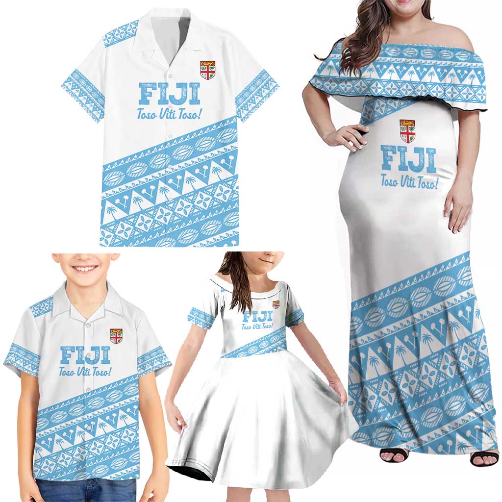 Fiji Rugby 2025 Custom Family Matching Off Shoulder Maxi Dress and Hawaiian Shirt Fijian Tapa Toso Viti Toso - White LT14 - Polynesian Pride