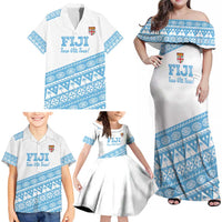 Fiji Rugby 2025 Custom Family Matching Off Shoulder Maxi Dress and Hawaiian Shirt Fijian Tapa Toso Viti Toso - White LT14 - Polynesian Pride