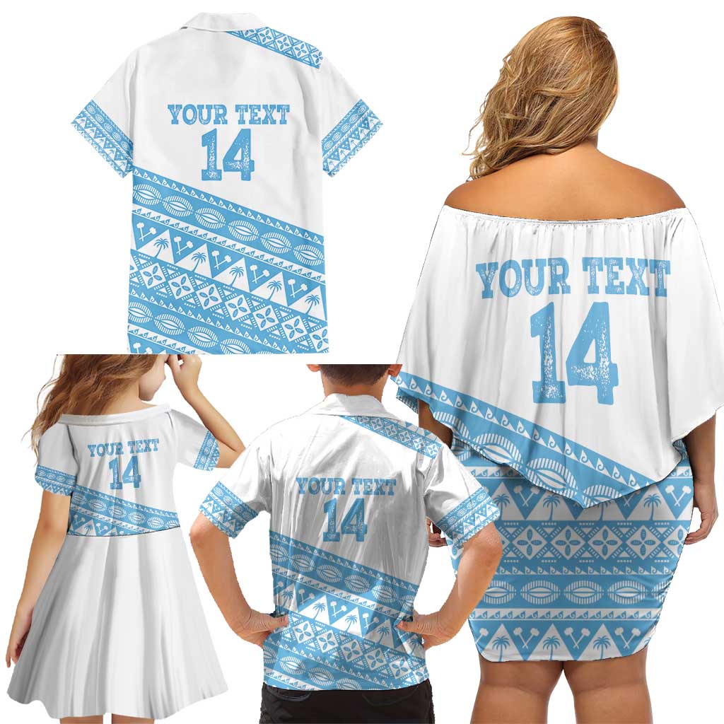 Fiji Rugby 2025 Custom Family Matching Off Shoulder Short Dress and Hawaiian Shirt Fijian Tapa Toso Viti Toso - White LT14 - Polynesian Pride