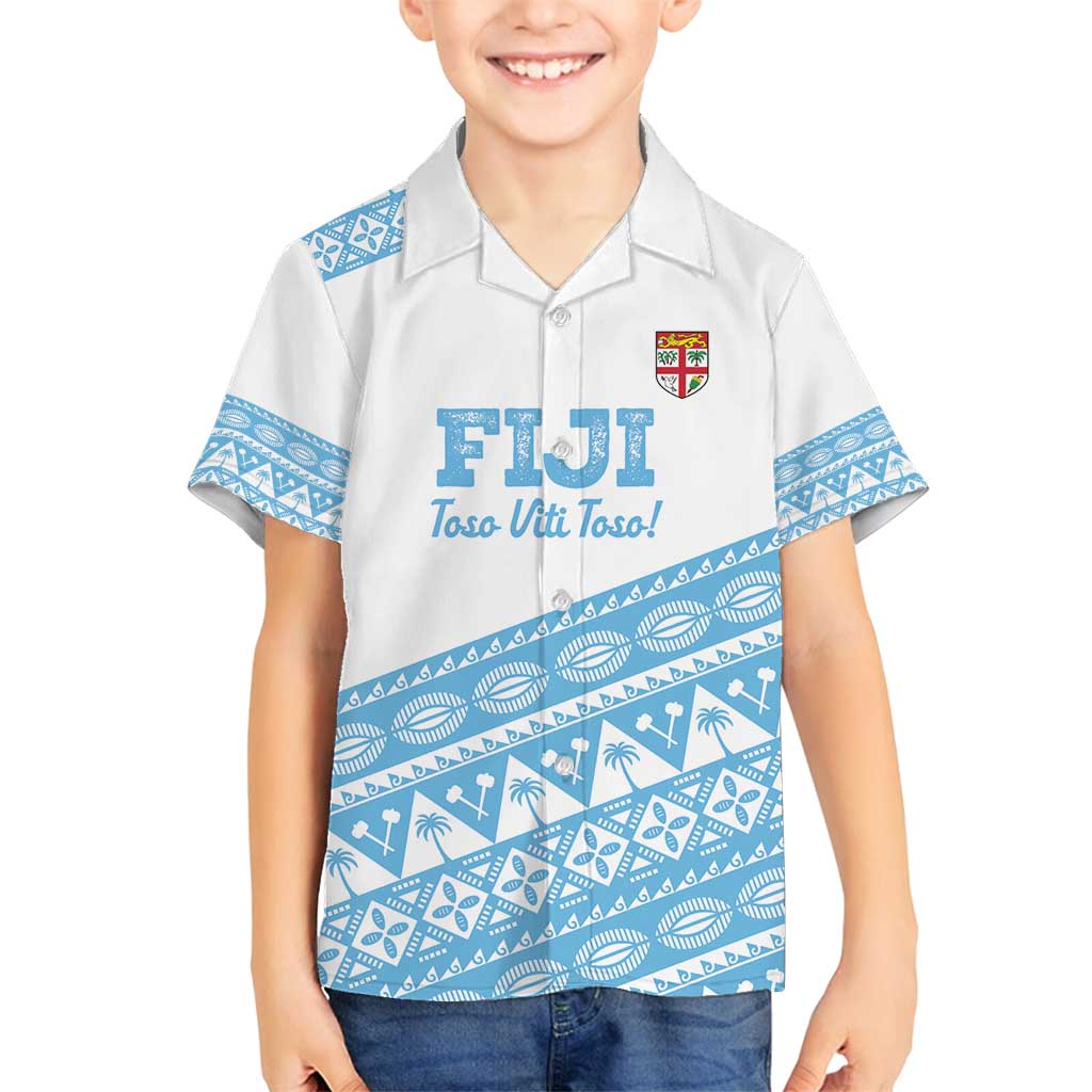 Fiji Rugby 2025 Custom Family Matching Off Shoulder Short Dress and Hawaiian Shirt Fijian Tapa Toso Viti Toso - White LT14 Son's Shirt White - Polynesian Pride