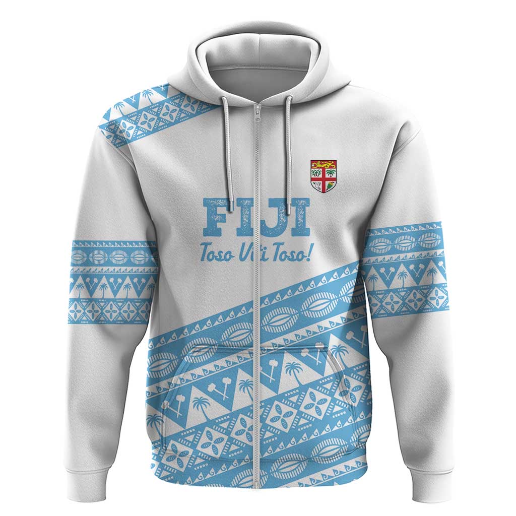 Fiji Rugby 2025 Custom Hoodie Fijian Tapa Toso Viti Toso - White LT14 Zip Hoodie White - Polynesian Pride