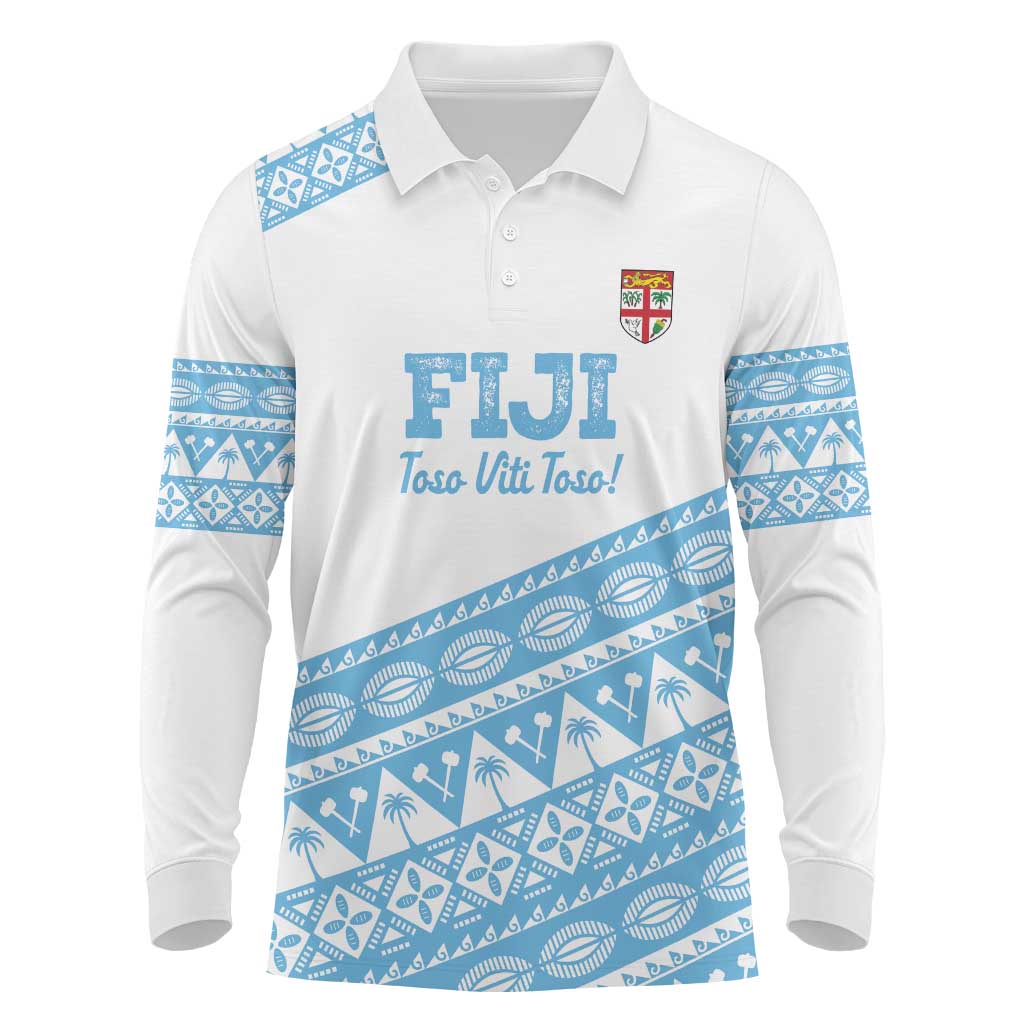 Fiji Rugby 2025 Custom Long Sleeve Polo Shirt Fijian Tapa Toso Viti Toso - White LT14 White - Polynesian Pride