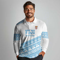 Fiji Rugby 2025 Custom Long Sleeve Polo Shirt Fijian Tapa Toso Viti Toso - White LT14 - Polynesian Pride