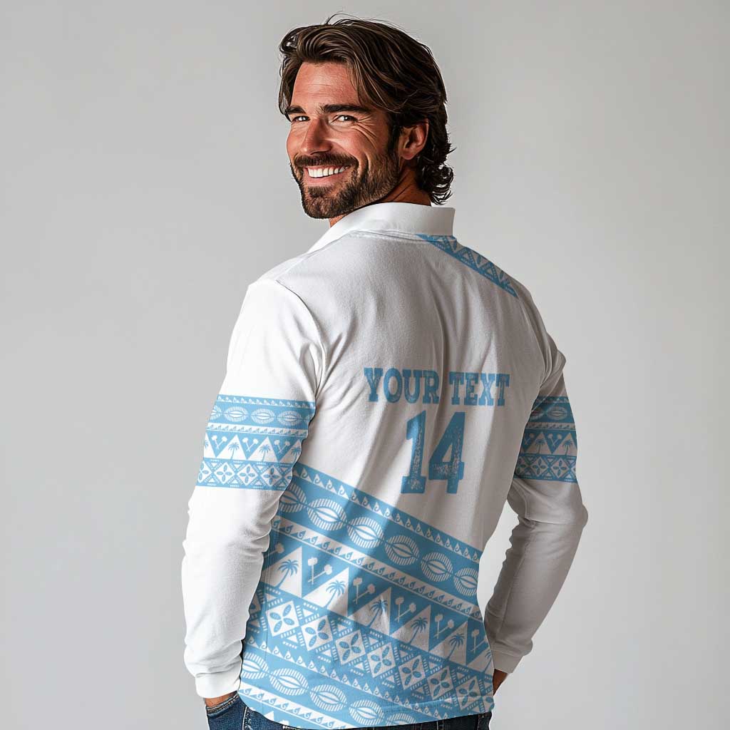Fiji Rugby 2025 Custom Long Sleeve Polo Shirt Fijian Tapa Toso Viti Toso - White LT14 - Polynesian Pride