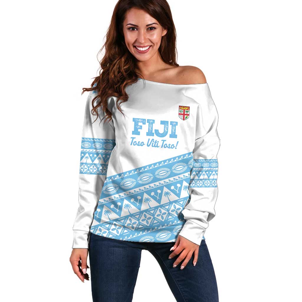 Fiji Rugby 2025 Custom Off Shoulder Sweater Fijian Tapa Toso Viti Toso - White LT14 Women White - Polynesian Pride
