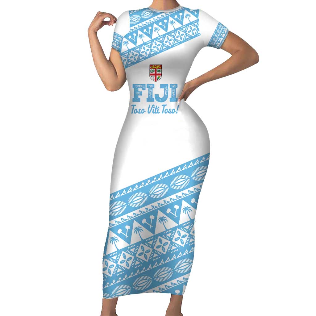 Fiji Rugby 2025 Custom Short Sleeve Bodycon Dress Fijian Tapa Toso Viti Toso - White LT14 Long Dress White - Polynesian Pride