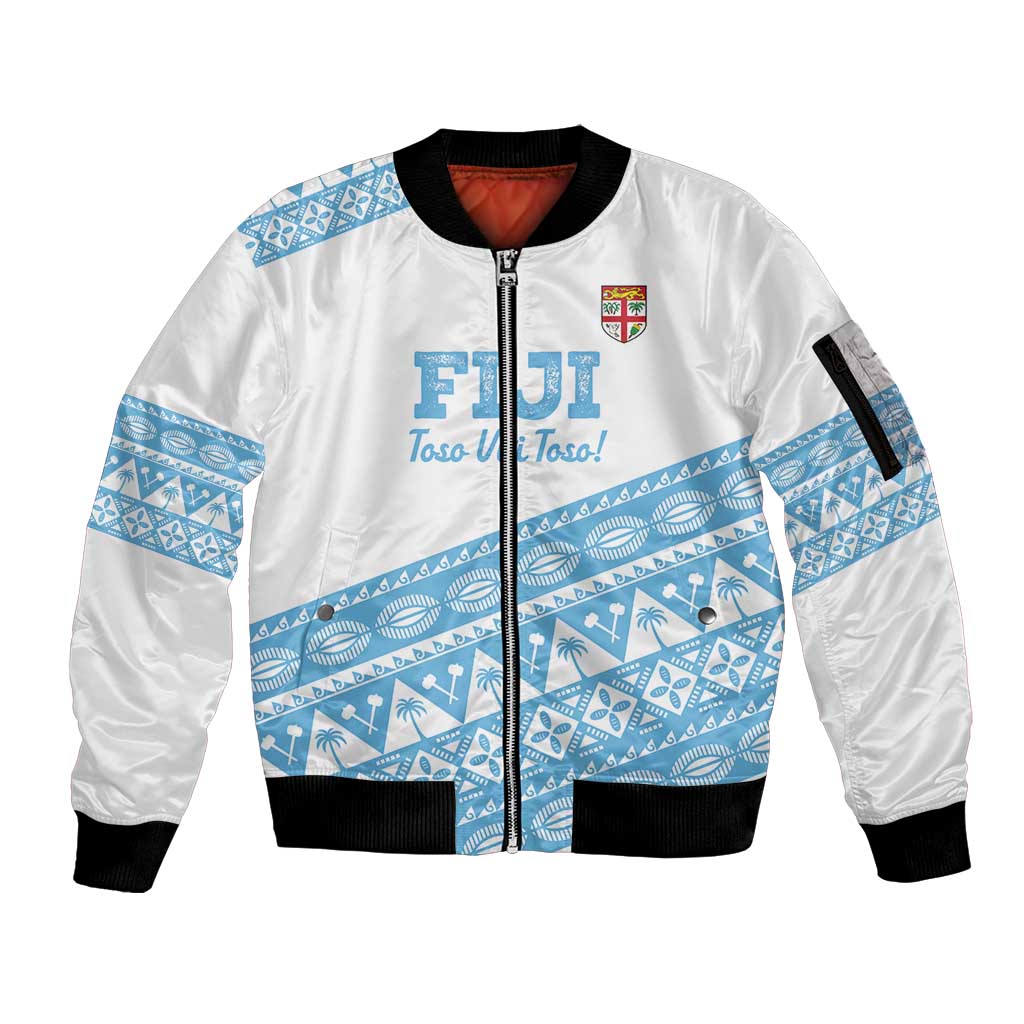 Fiji Rugby 2025 Custom Sleeve Zip Bomber Jacket Fijian Tapa Toso Viti Toso - White
