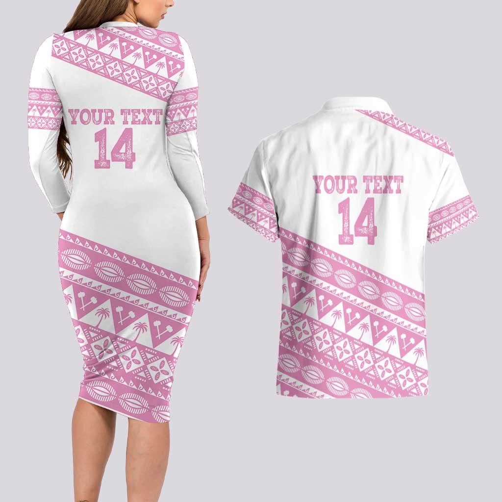 Fiji Rugby 2025 Custom Couples Matching Long Sleeve Bodycon Dress and Hawaiian Shirt Fijian Tapa Toso Viti Toso - Pink
