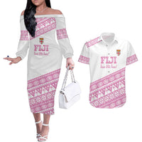 Fiji Rugby 2025 Custom Couples Matching Off The Shoulder Long Sleeve Dress and Hawaiian Shirt Fijian Tapa Toso Viti Toso - Pink