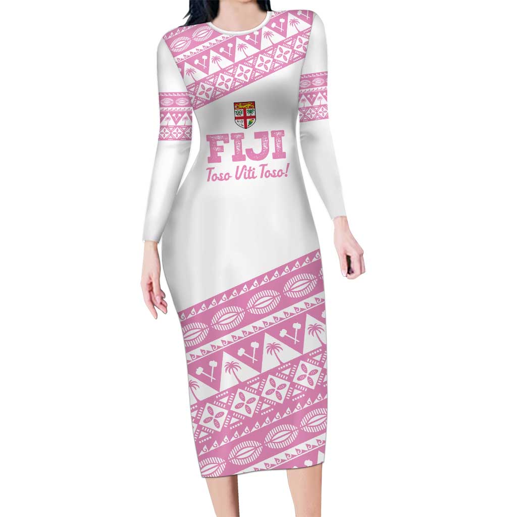 Fiji Rugby 2025 Custom Family Matching Long Sleeve Bodycon Dress and Hawaiian Shirt Fijian Tapa Toso Viti Toso - Pink LT14 Mom's Dress Pink - Polynesian Pride