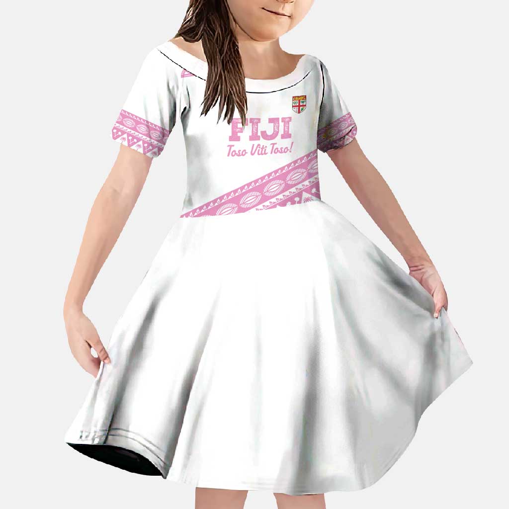 Fiji Rugby 2025 Custom Family Matching Off Shoulder Maxi Dress and Hawaiian Shirt Fijian Tapa Toso Viti Toso - Pink LT14 Daughter's Dress Pink - Polynesian Pride