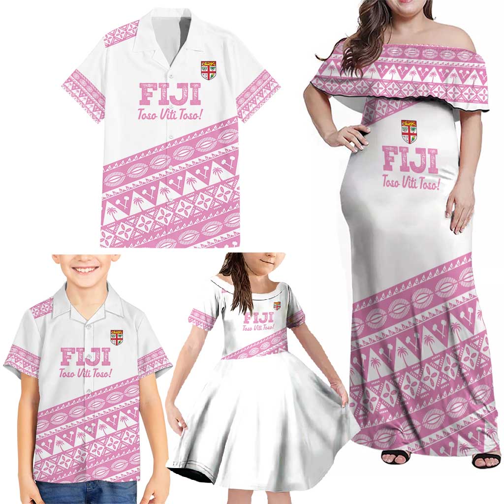 Fiji Rugby 2025 Custom Family Matching Off Shoulder Maxi Dress and Hawaiian Shirt Fijian Tapa Toso Viti Toso - Pink LT14 - Polynesian Pride