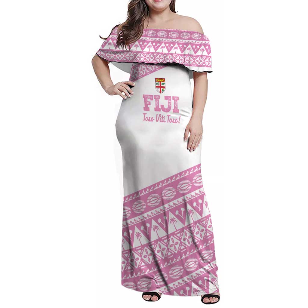 Fiji Rugby 2025 Custom Family Matching Off Shoulder Maxi Dress and Hawaiian Shirt Fijian Tapa Toso Viti Toso - Pink LT14 Mom's Dress Pink - Polynesian Pride