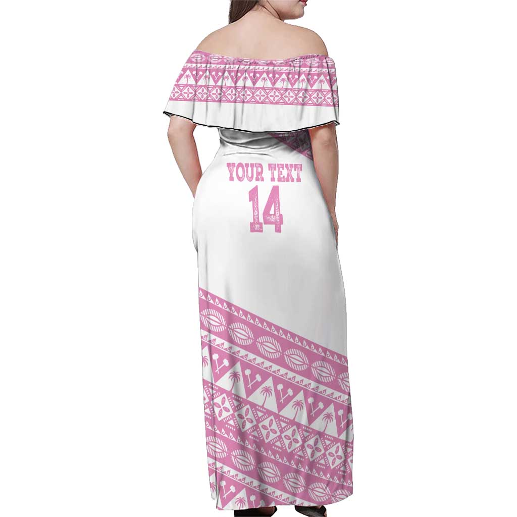 Fiji Rugby 2025 Custom Family Matching Off Shoulder Maxi Dress and Hawaiian Shirt Fijian Tapa Toso Viti Toso - Pink LT14 - Polynesian Pride