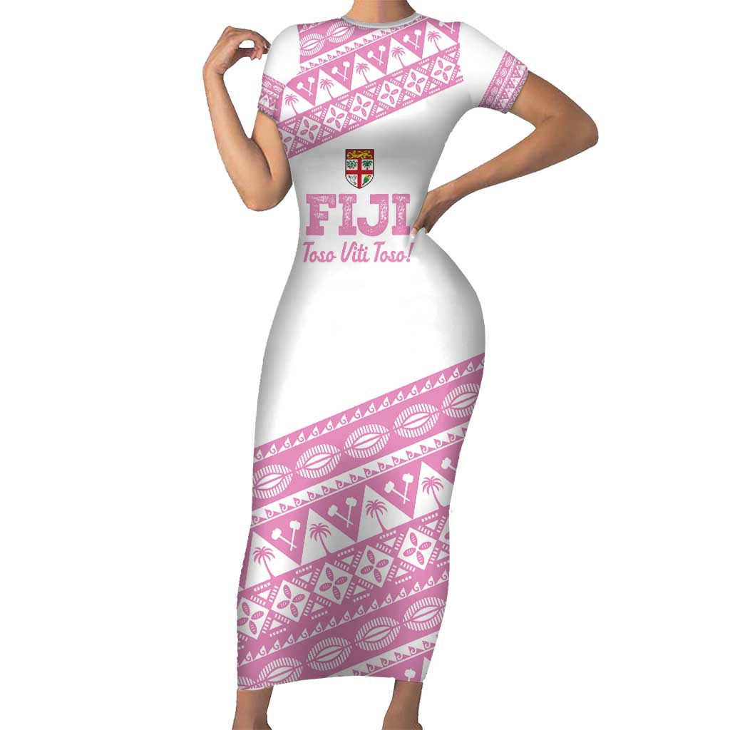 Fiji Rugby 2025 Custom Family Matching Short Sleeve Bodycon Dress and Hawaiian Shirt Fijian Tapa Toso Viti Toso - Pink