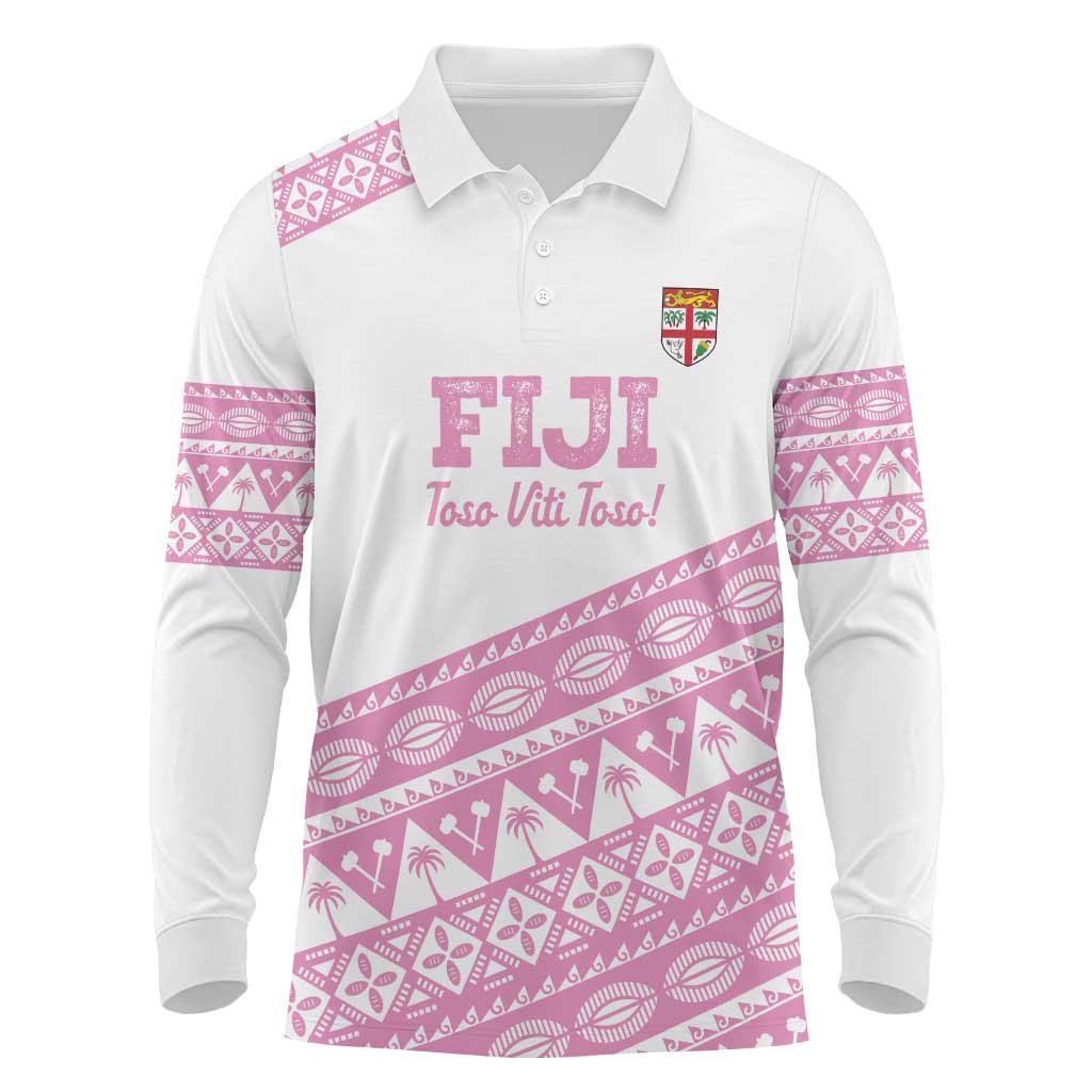 Fiji Rugby 2025 Custom Long Sleeve Polo Shirt Fijian Tapa Toso Viti Toso - Pink