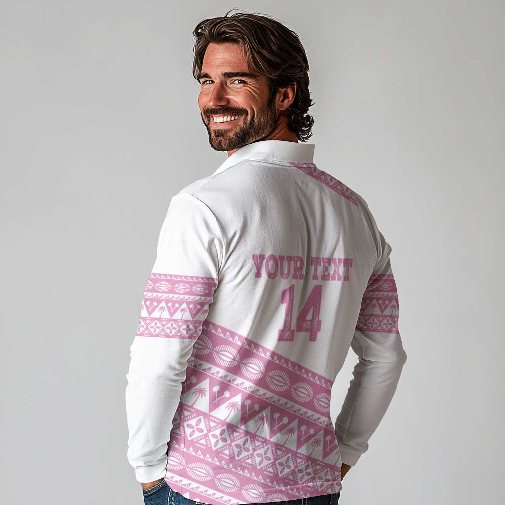 Fiji Rugby 2025 Custom Long Sleeve Polo Shirt Fijian Tapa Toso Viti Toso - Pink LT14 - Polynesian Pride