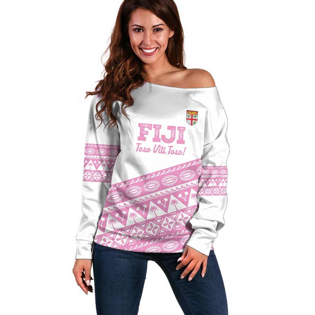 Fiji Rugby 2025 Custom Off Shoulder Sweater Fijian Tapa Toso Viti Toso - Pink LT14 Women Pink - Polynesian Pride