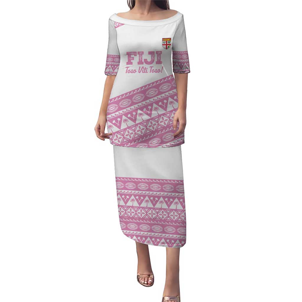 Fiji Rugby 2025 Custom Puletasi Fijian Tapa Toso Viti Toso - Pink LT14 Long Dress Pink - Polynesian Pride