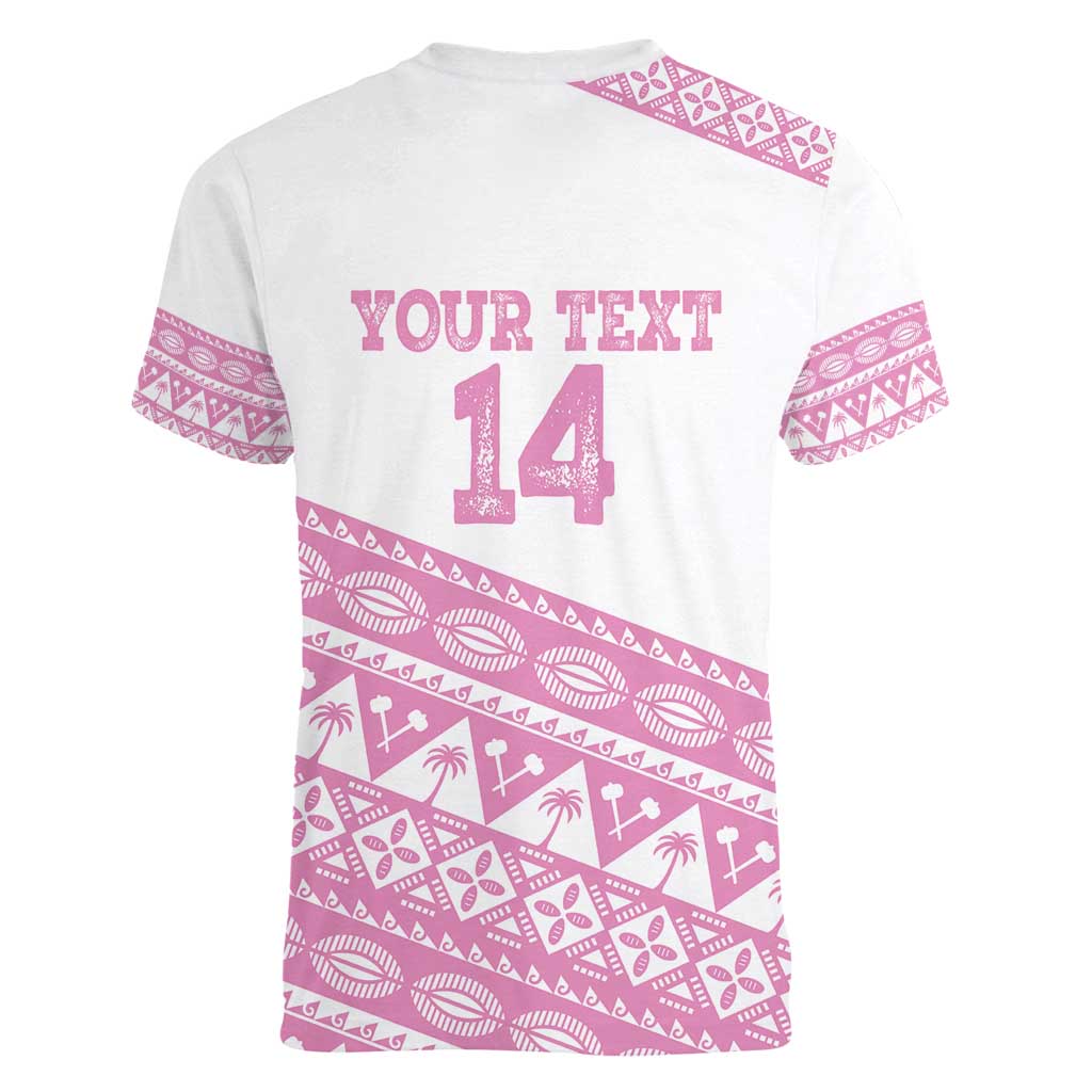 Fiji Rugby 2025 Custom Women V-Neck T-Shirt Fijian Tapa Toso Viti Toso - Pink LT14 - Polynesian Pride