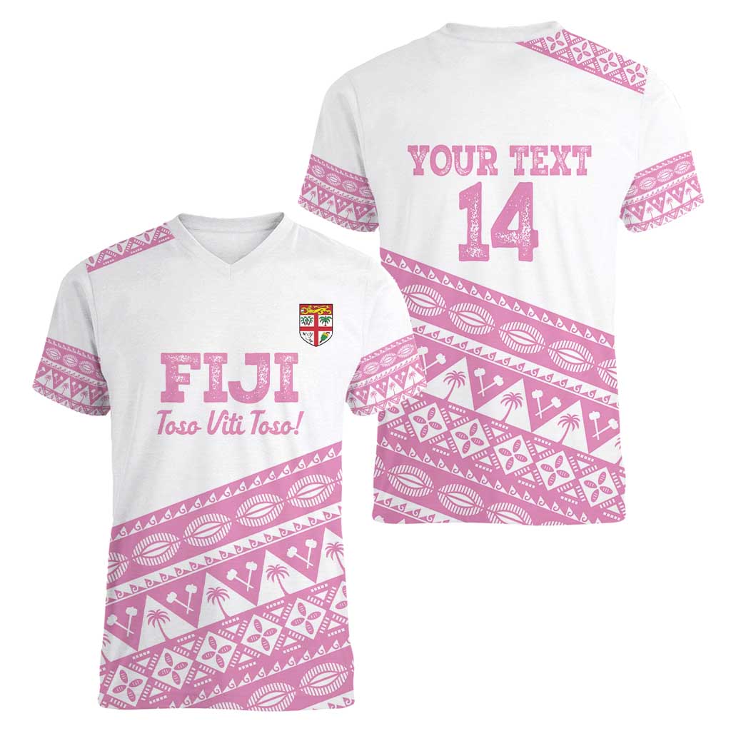 Fiji Rugby 2025 Custom Women V-Neck T-Shirt Fijian Tapa Toso Viti Toso - Pink LT14 - Polynesian Pride