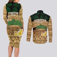 Bula Fiji Kava Bowl Couples Matching Long Sleeve Bodycon Dress and Long Sleeve Button Shirt Fijian Tapa Cloth Vintage Vibe LT14 - Polynesian Pride