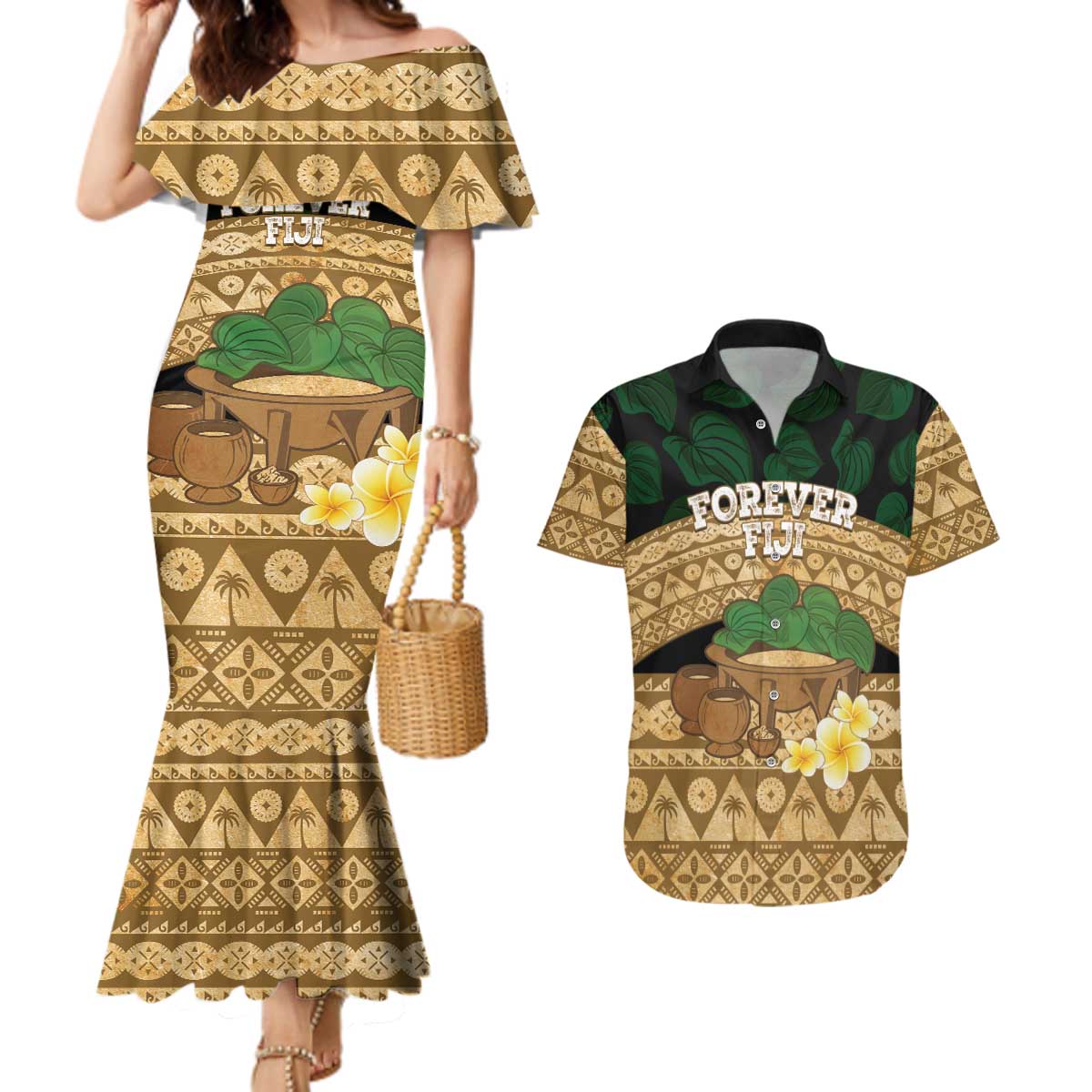 Bula Fiji Kava Bowl Couples Matching Mermaid Dress and Hawaiian Shirt Fijian Tapa Cloth Vintage Vibe LT14 Brown - Polynesian Pride