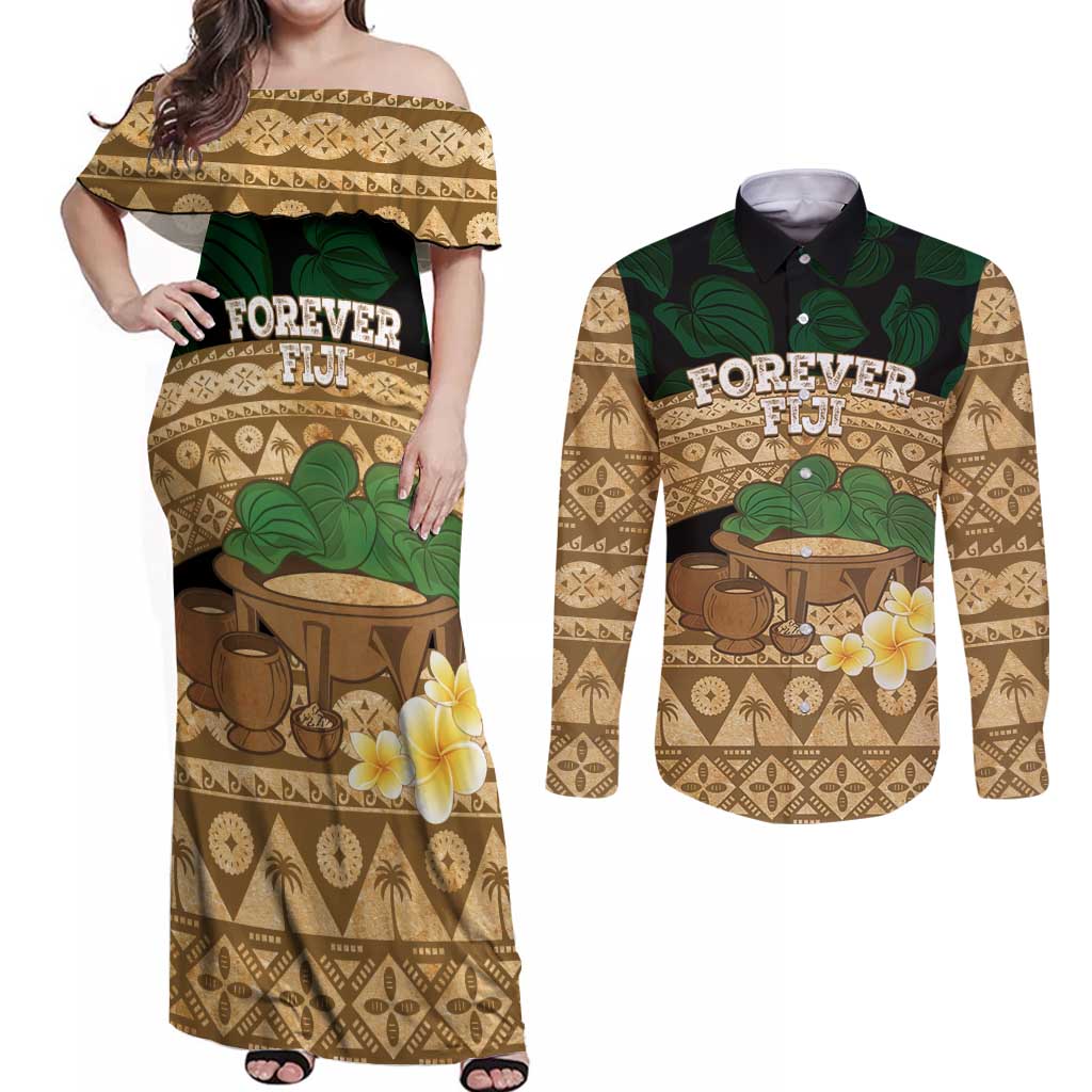Bula Fiji Kava Bowl Couples Matching Off Shoulder Maxi Dress and Long Sleeve Button Shirt Fijian Tapa Cloth Vintage Vibe LT14 Brown - Polynesian Pride