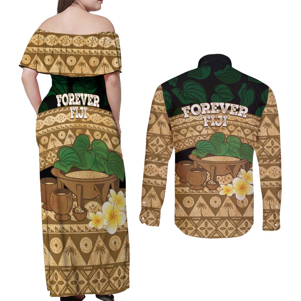 Bula Fiji Kava Bowl Couples Matching Off Shoulder Maxi Dress and Long Sleeve Button Shirt Fijian Tapa Cloth Vintage Vibe LT14 - Polynesian Pride