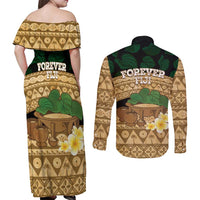 Bula Fiji Kava Bowl Couples Matching Off Shoulder Maxi Dress and Long Sleeve Button Shirt Fijian Tapa Cloth Vintage Vibe LT14 - Polynesian Pride