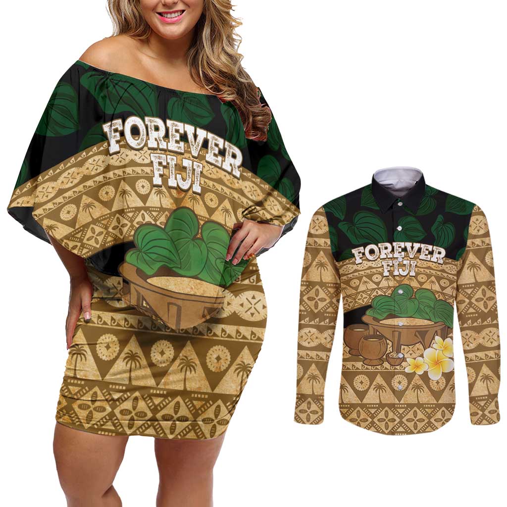 Bula Fiji Kava Bowl Couples Matching Off Shoulder Short Dress and Long Sleeve Button Shirt Fijian Tapa Cloth Vintage Vibe LT14 Brown - Polynesian Pride