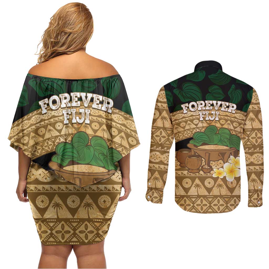 Bula Fiji Kava Bowl Couples Matching Off Shoulder Short Dress and Long Sleeve Button Shirt Fijian Tapa Cloth Vintage Vibe LT14 - Polynesian Pride