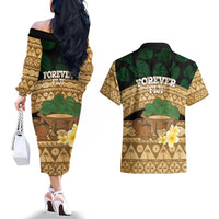 Bula Fiji Kava Bowl Couples Matching Off The Shoulder Long Sleeve Dress and Hawaiian Shirt Fijian Tapa Cloth Vintage Vibe LT14 - Polynesian Pride