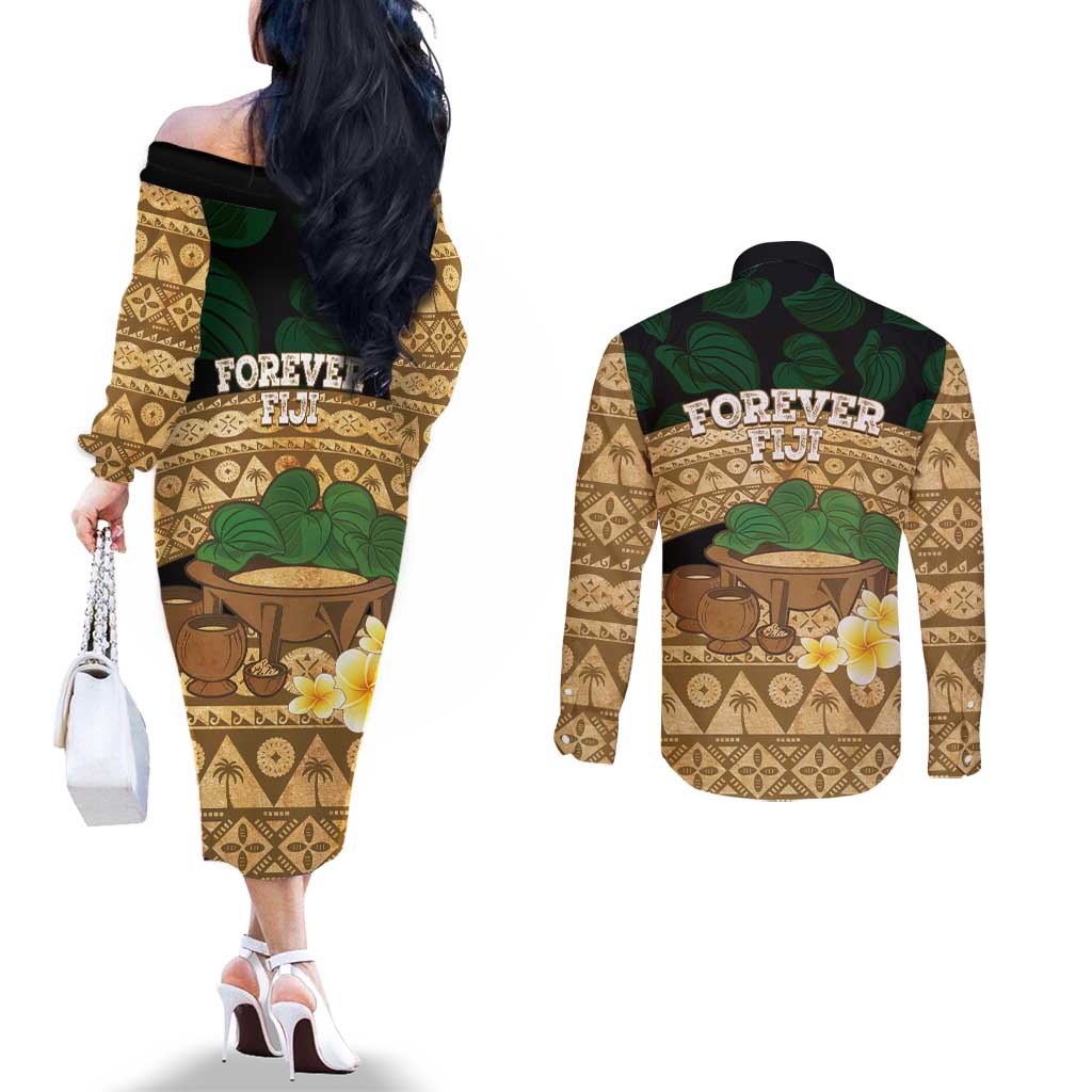 Bula Fiji Kava Bowl Couples Matching Off The Shoulder Long Sleeve Dress and Long Sleeve Button Shirt Fijian Tapa Cloth Vintage Vibe LT14 - Polynesian Pride